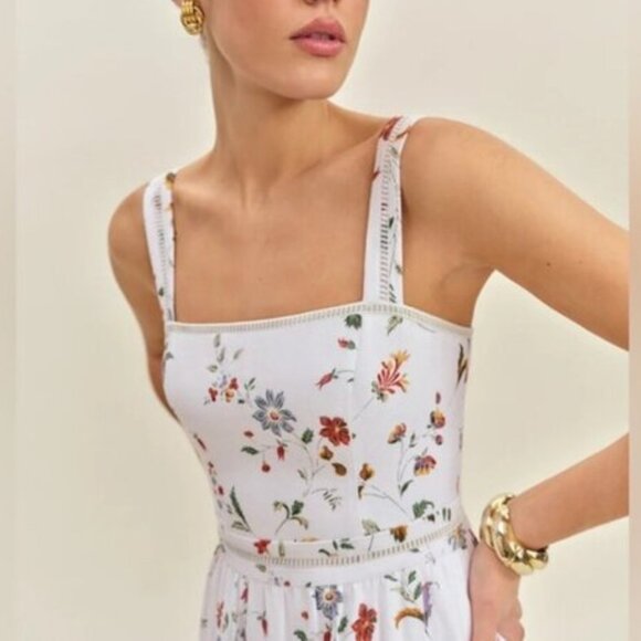 NEW Reformation Everett Linen Midi Dress Corsini White Multi Floral | US 6 UK 10 - Picture 2 of 16